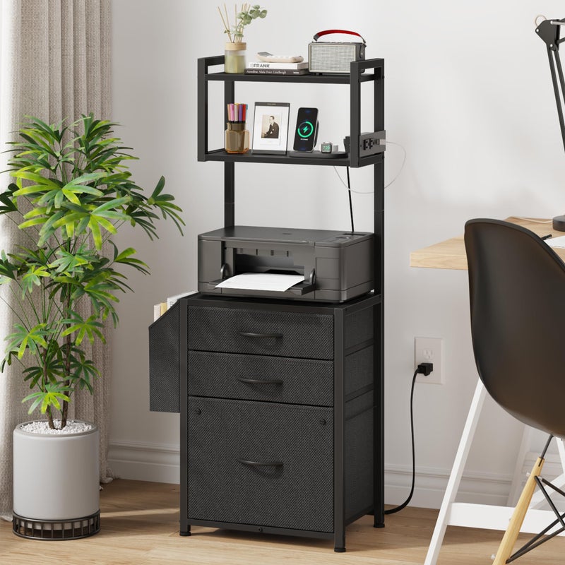 HIGDBFE Small 3 Drawer File Cabinet with Charging Station, 45''H, 3-Tier Filing Cabinet for Home Office, 11''*16'' for Small Printer, Fabric Drawer Fits Letter/A4, Tall Printer Stand, Black - Image 2