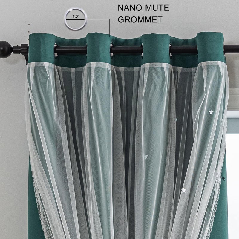 Anytime Romantic Kids Curtain Hollow-Out Stars Window Curtain Double Layer Blackout Curtains for Girls Bedroom Kids Room 2Panel (W52 x L72 Dark Green) - Image 3