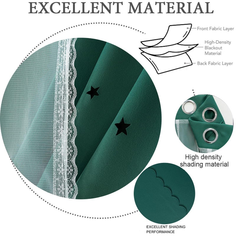 Anytime Romantic Kids Curtain Hollow-Out Stars Window Curtain Double Layer Blackout Curtains for Girls Bedroom Kids Room 2Panel (W52 x L72 Dark Green) - Image 4