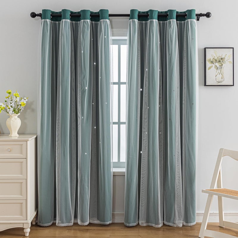 Anytime Romantic Kids Curtain Hollow-Out Stars Window Curtain Double Layer Blackout Curtains for Girls Bedroom Kids Room 2Panel (W52 x L72 Dark Green) - Image 2
