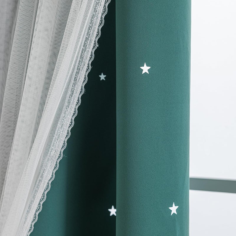 Anytime Romantic Kids Curtain Hollow-Out Stars Window Curtain Double Layer Blackout Curtains for Girls Bedroom Kids Room 2Panel (W52 x L72 Dark Green) - Image 5