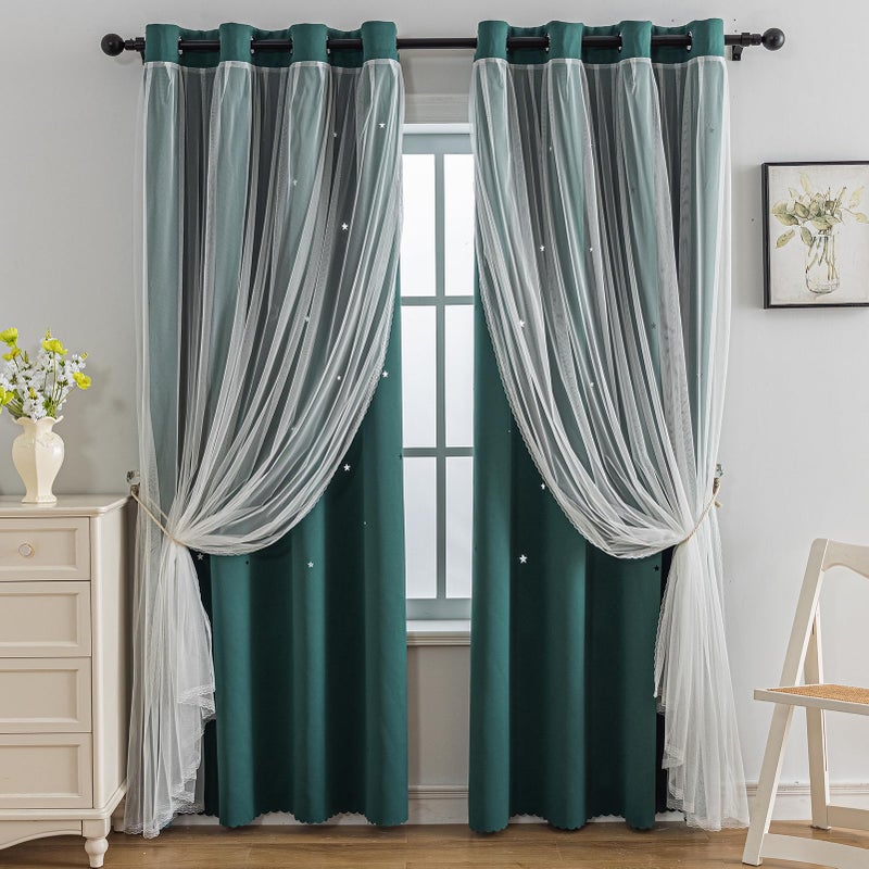 Anytime Romantic Kids Curtain Hollow-Out Stars Window Curtain Double Layer Blackout Curtains for Girls Bedroom Kids Room 2Panel (W52 x L72 Dark Green) - Image 1