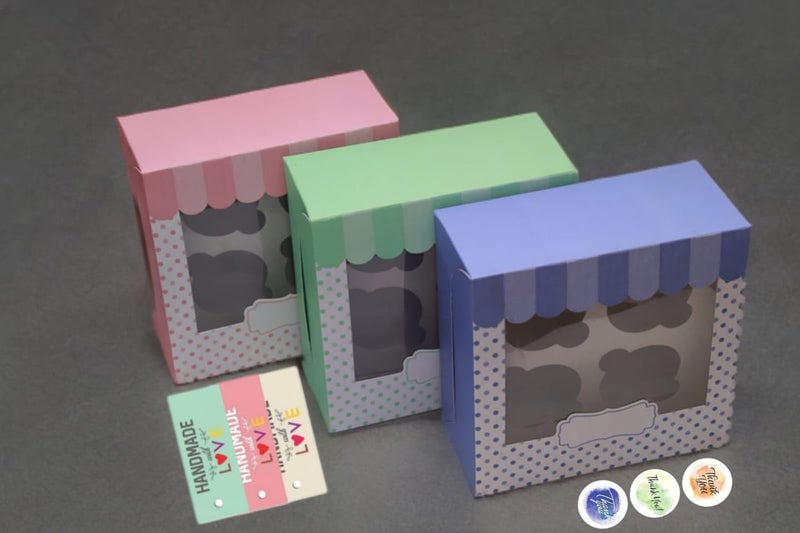 Heetcreation Cupcake Box for 4 Cupcakes muffin boxes with Tray Homemade With Love Tags Thank You Stickers size 15 x 15 x 10 cm Pink Blue Green pack of 3 - Image 4