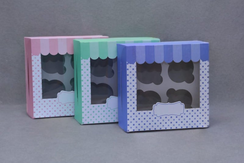 Heetcreation Cupcake Box for 4 Cupcakes muffin boxes with Tray Homemade With Love Tags Thank You Stickers size 15 x 15 x 10 cm Pink Blue Green pack of 3 - Image 2