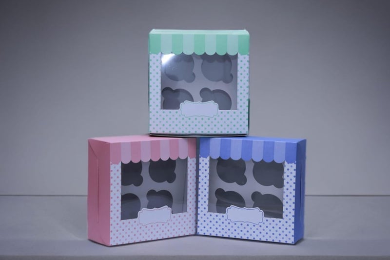 Heetcreation Cupcake Box for 4 Cupcakes muffin boxes with Tray Homemade With Love Tags Thank You Stickers size 15 x 15 x 10 cm Pink Blue Green pack of 3 - Image 1
