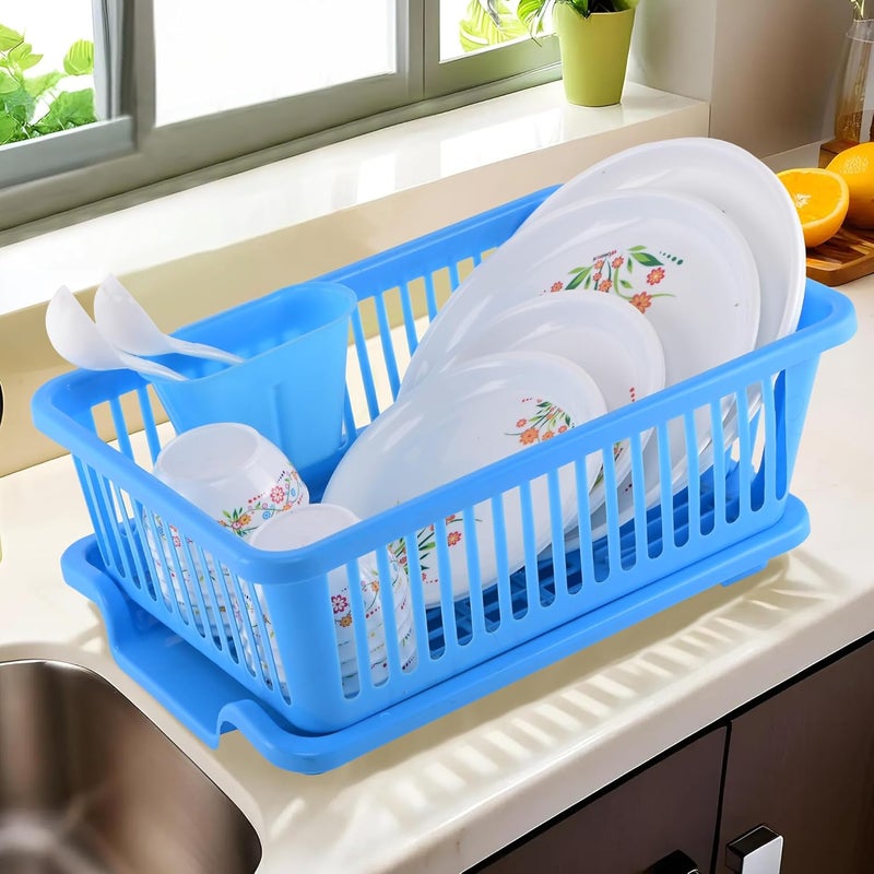 Kuber Industries 3-in-1 Durable Plastic Dish Drainer Basket for Kitchen with Water Draining Tray, Spoon & Plate Racks | Space Saving Bartan & Utensils Basket Drainer for Kitchen | Cyan - Image 1