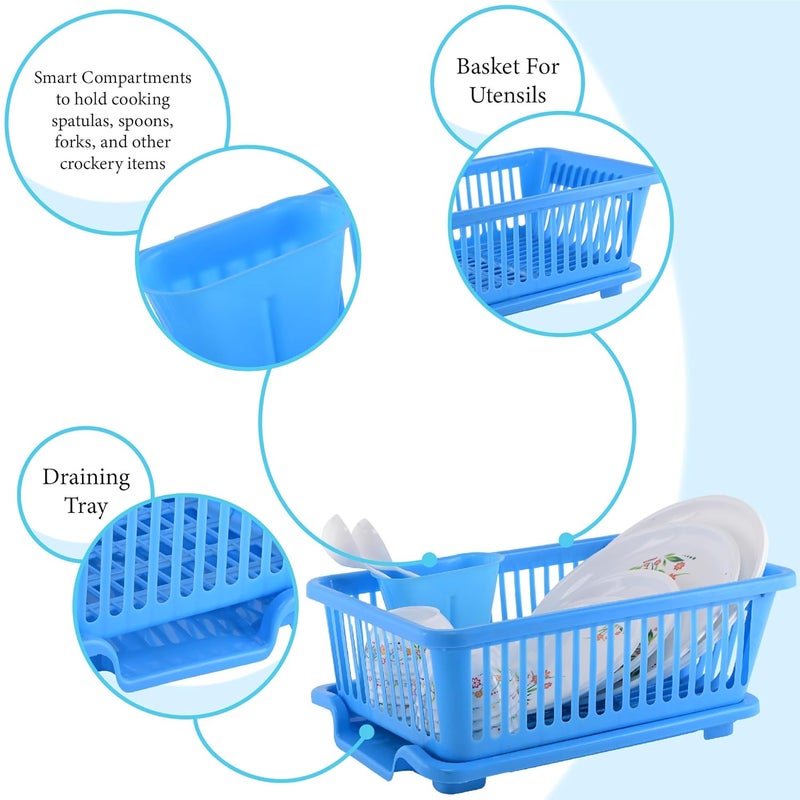 Kuber Industries 3-in-1 Durable Plastic Dish Drainer Basket for Kitchen with Water Draining Tray, Spoon & Plate Racks | Space Saving Bartan & Utensils Basket Drainer for Kitchen | Cyan - Image 4