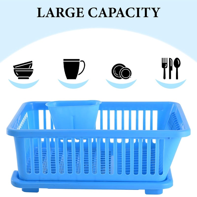 Kuber Industries 3-in-1 Durable Plastic Dish Drainer Basket for Kitchen with Water Draining Tray, Spoon & Plate Racks | Space Saving Bartan & Utensils Basket Drainer for Kitchen | Cyan - Image 5