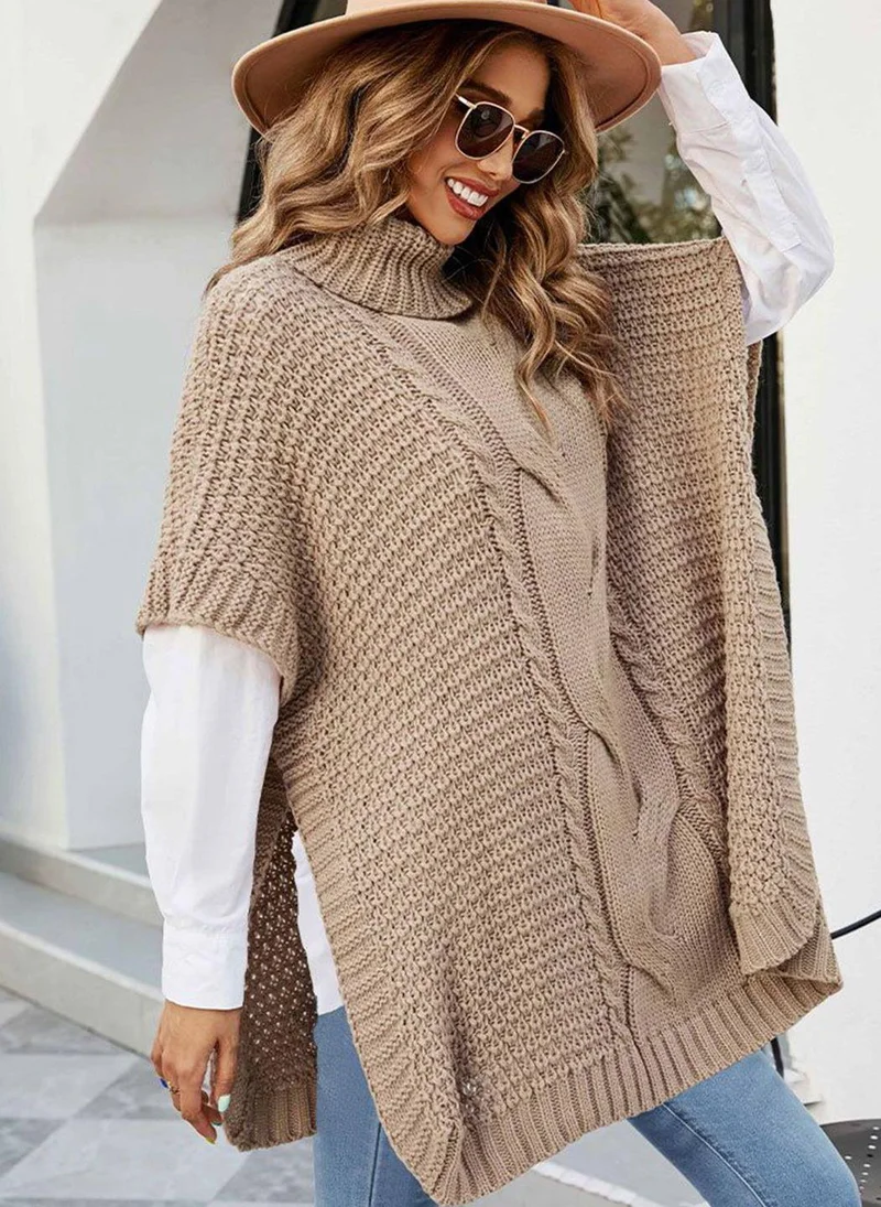 يونيكي Brown  Cable Knit Longline Poncho