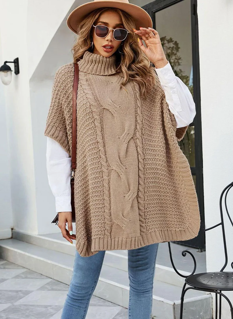 يونيكي Brown  Cable Knit Longline Poncho