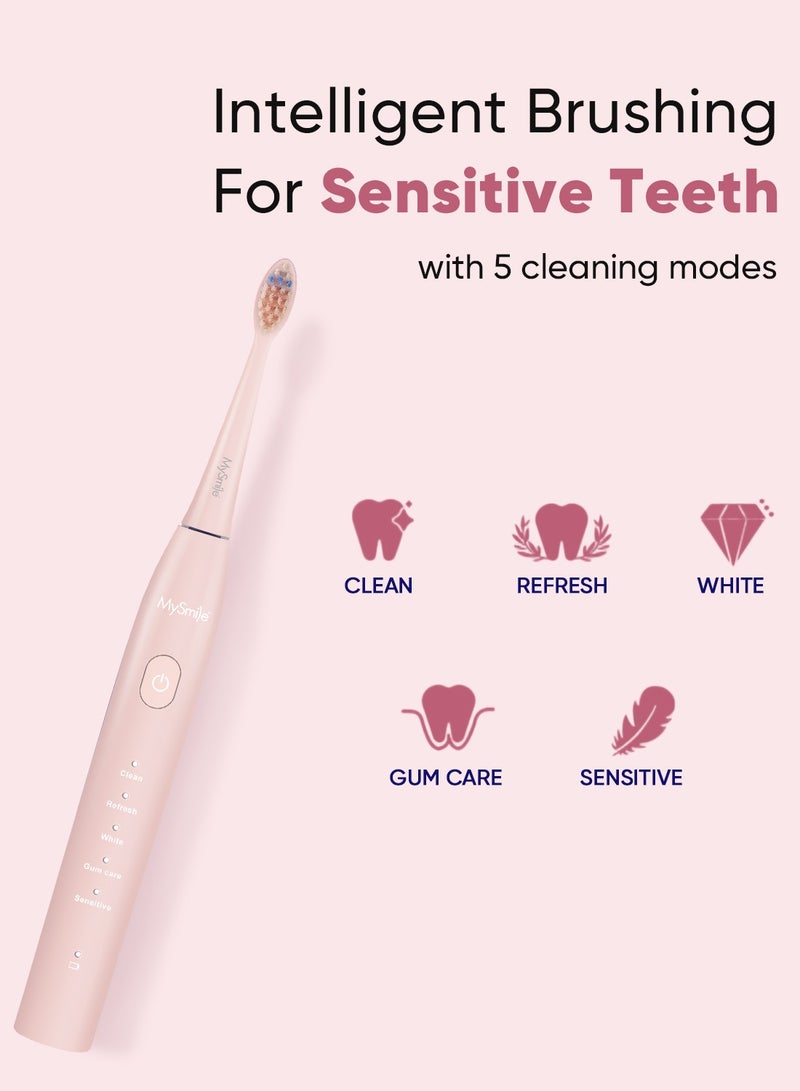 MySmile DY156 Electric Toothbrush for Adults, Rechargeable Sonic Battery Toothbrush Portable with 3 Brush Heads, 2 Mins 5 Modes Smart Timer, 45000VPM, One Charge for 60 Days (Pink, M) - Image 3