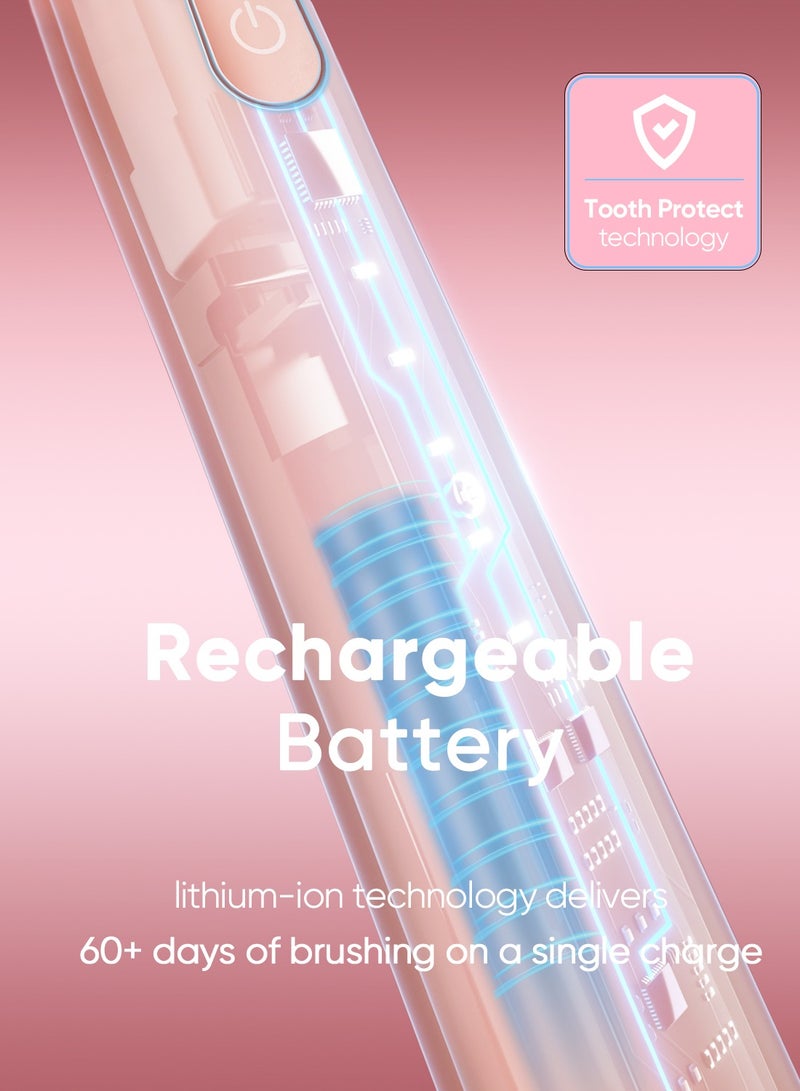 MySmile DY156 Electric Toothbrush for Adults, Rechargeable Sonic Battery Toothbrush Portable with 3 Brush Heads, 2 Mins 5 Modes Smart Timer, 45000VPM, One Charge for 60 Days (Pink, M) - Image 4