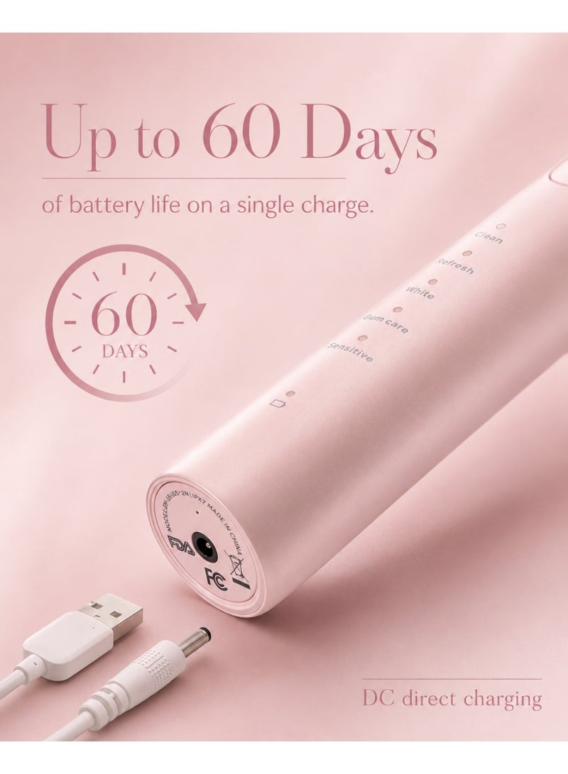 MySmile DY156 Electric Toothbrush for Adults, Rechargeable Sonic Battery Toothbrush Portable with 3 Brush Heads, 2 Mins 5 Modes Smart Timer, 45000VPM, One Charge for 60 Days (Pink, M) - Image 4
