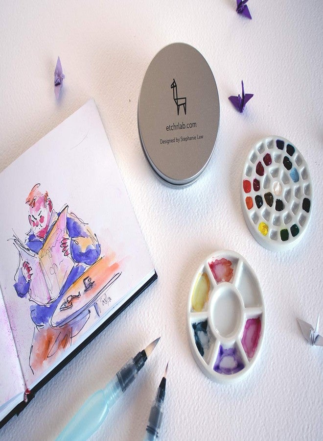 Etchr Mini Palette 37 Wells - Built for Watercolor Acrylic Oil and Gouache Paint - Professional Porcelain Paint Wells and Mixing Palette and Airtight Metal Tin - Perfect Travel Palette - Image 5