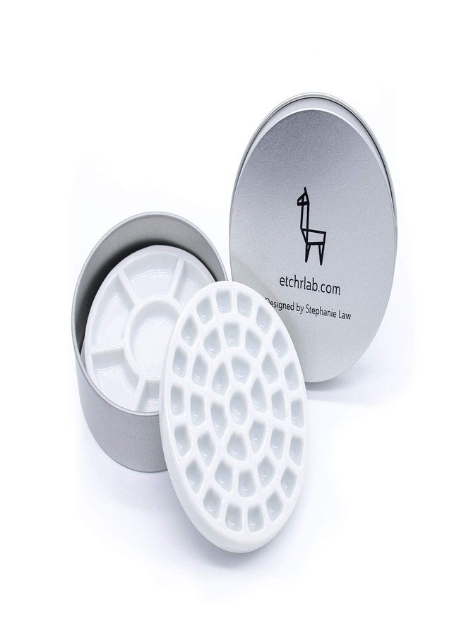 Etchr Mini Palette 37 Wells - Built for Watercolor Acrylic Oil and Gouache Paint - Professional Porcelain Paint Wells and Mixing Palette and Airtight Metal Tin - Perfect Travel Palette - Image 3