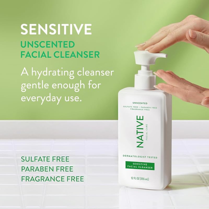 Native Sensitive Face Wash, Spa Day Every Day Facial Cleanser (2 Pack) | Daily Face Cleaner with Aloe and Vitamin B3, Unscented, 12 fl oz - Image 2