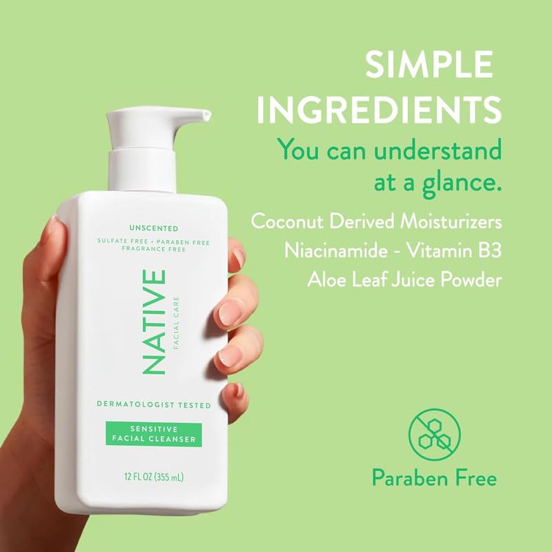 Native Sensitive Face Wash, Spa Day Every Day Facial Cleanser (2 Pack) | Daily Face Cleaner with Aloe and Vitamin B3, Unscented, 12 fl oz - Image 4
