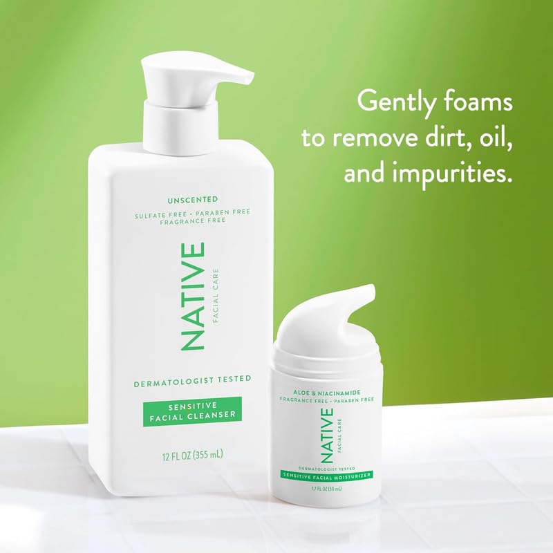 Native Sensitive Face Wash, Spa Day Every Day Facial Cleanser (2 Pack) | Daily Face Cleaner with Aloe and Vitamin B3, Unscented, 12 fl oz - Image 3