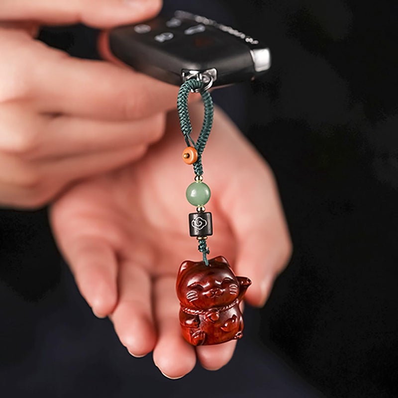 Mansiyuyee Handcarved Maneki Neko Keychain for Women Lucky Cat Charm Good Luck Keychain Key Ring for Car Keys - Image 3