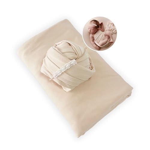 Honra Orraphtstu Newborn Photography Wraps Baby Posing Props Stretch Fabric for Professional Photoshoot (Backdrop with Wrap, Beige) - Image 1