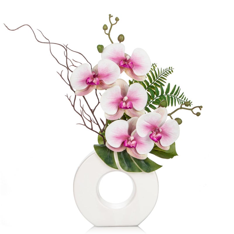 Briful Orchid Artificial Flowers 16.1'' Pink Orchid Silk Flowers with Ceramic Vase Faux Orchid Arrangement for Home Office Bathroom Table Centerpiece Indoor Decoration - Image 1