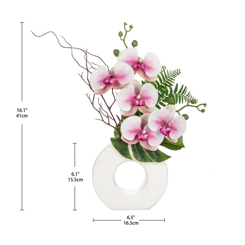 Briful Orchid Artificial Flowers 16.1'' Pink Orchid Silk Flowers with Ceramic Vase Faux Orchid Arrangement for Home Office Bathroom Table Centerpiece Indoor Decoration - Image 2