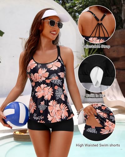 Yonique Two Piece Tankini Swimsuits for Women with Shorts Tummy Control Bathing Suits Athletic Swimwear Black and Orange Floral L - Image 3