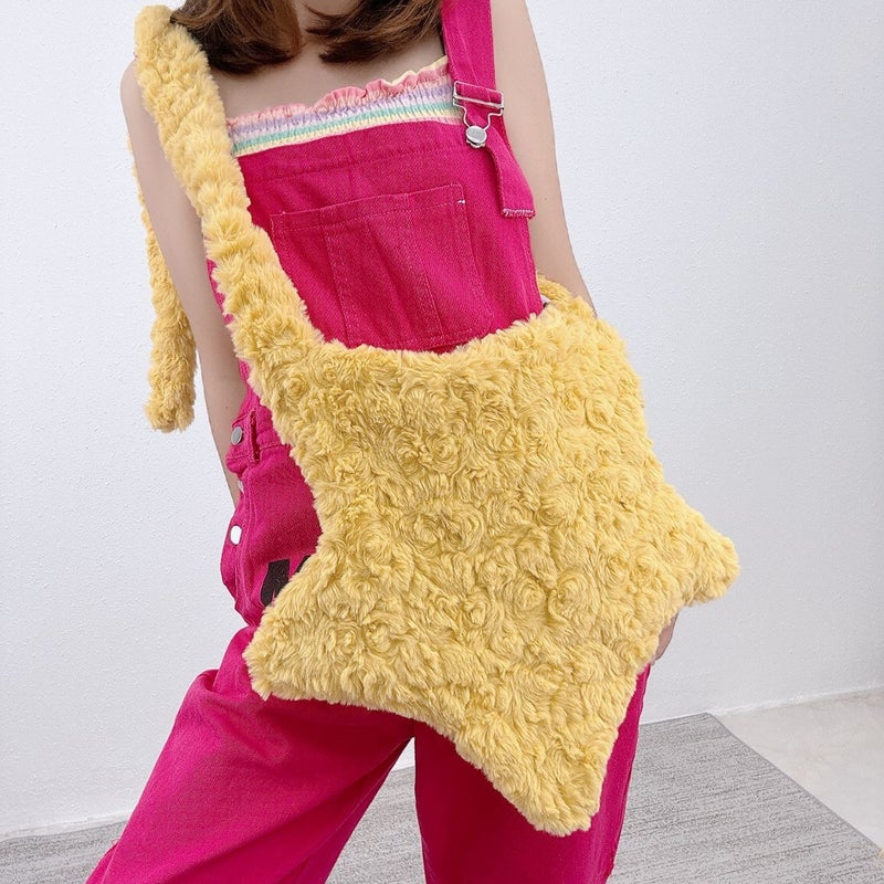 Star Pure Color Plush and Fashion Crossbody Star Bag School Bag Shoulder Bag DIY Carrying Method - Image 3