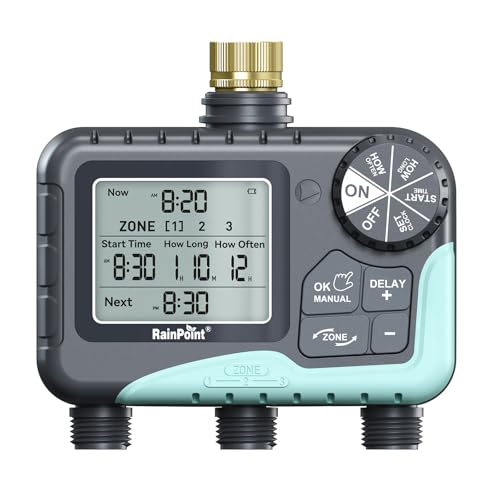 RAINPOINT 3 Zone Sprinkler Timer with Brass Inlet, Water Timer for Garden Hose,Rain Delay/Manual/Automatic Watering System, Hose,Hose Timers for Watering with IP65 Waterproof, Large LCD for Yard - Image 1