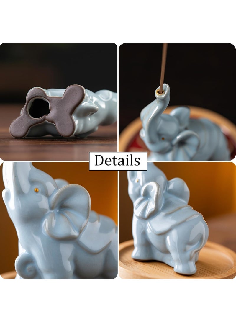 SYOSI Elephant Incense Holder with Ash Catcher, Ceramic Incense Stick Holder for Sticks, Blue Elephant Statue Decoration for Feng Shui, Home, Yoga, Spa and Meditation, 3.5" H x 3.4" L x 2.8" W - Image 5