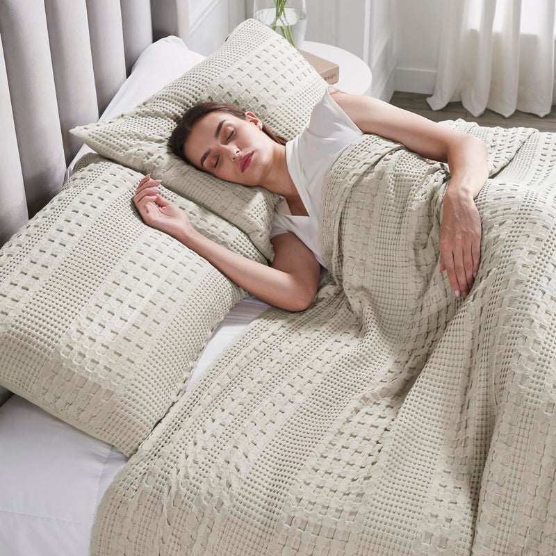 VHC Brands VHC Brands 100% Cotton Waffle Weave Natural King Size Sham Set of 2 20x36  Decorative Throw Pillow Covers/Shams  Boho Farmhouse Bedroom Decor  - Image 2