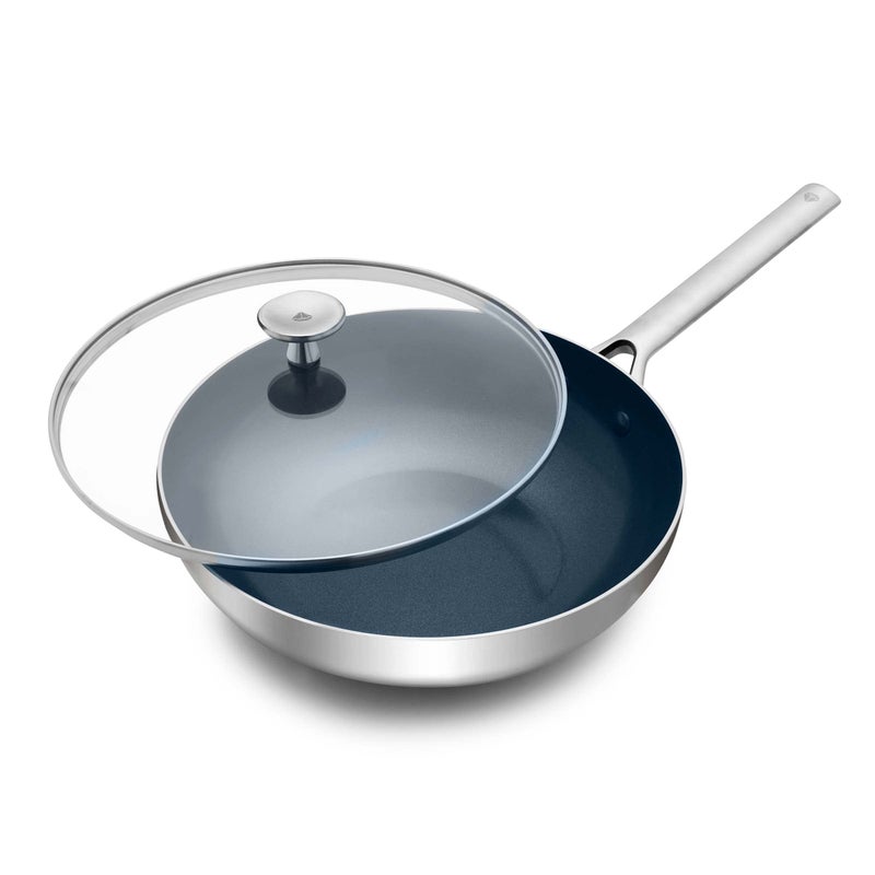 Blue Diamond Blue Diamond Stainless Steel 11 Wok Pan with Glass Lid Induction Compatible Diamond Infused PFASFree Ceramic Nonstick Multi Clad Chefs Pan Dishwasher Safe Oven Safe Stay Cool Handle Silver