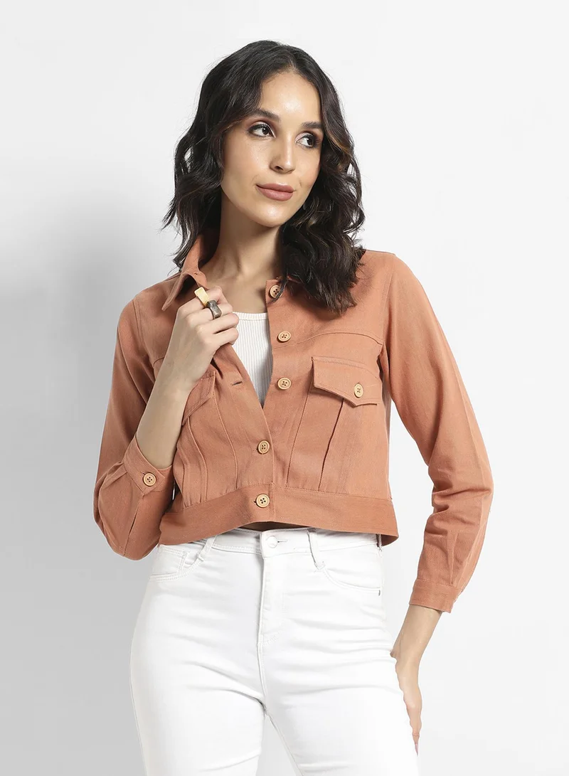 Campus Sutra Women's Orange Buttopn-Front Jacket With Flap Pockets For Casual Wear | Spread Collar  | Long Sleeve | Button Closure | Cotton Jacket Crafted With Comfort Fit For Everyday Wear