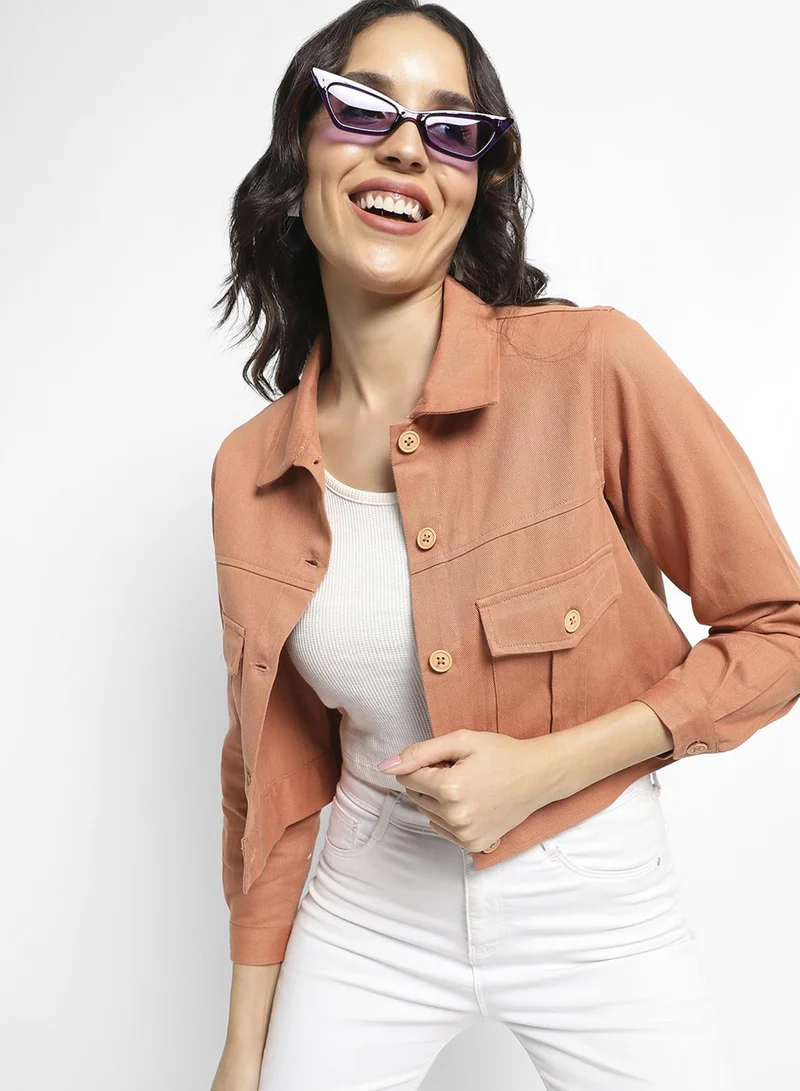 Campus Sutra Women's Orange Buttopn-Front Jacket With Flap Pockets For Casual Wear | Spread Collar  | Long Sleeve | Button Closure | Cotton Jacket Crafted With Comfort Fit For Everyday Wear