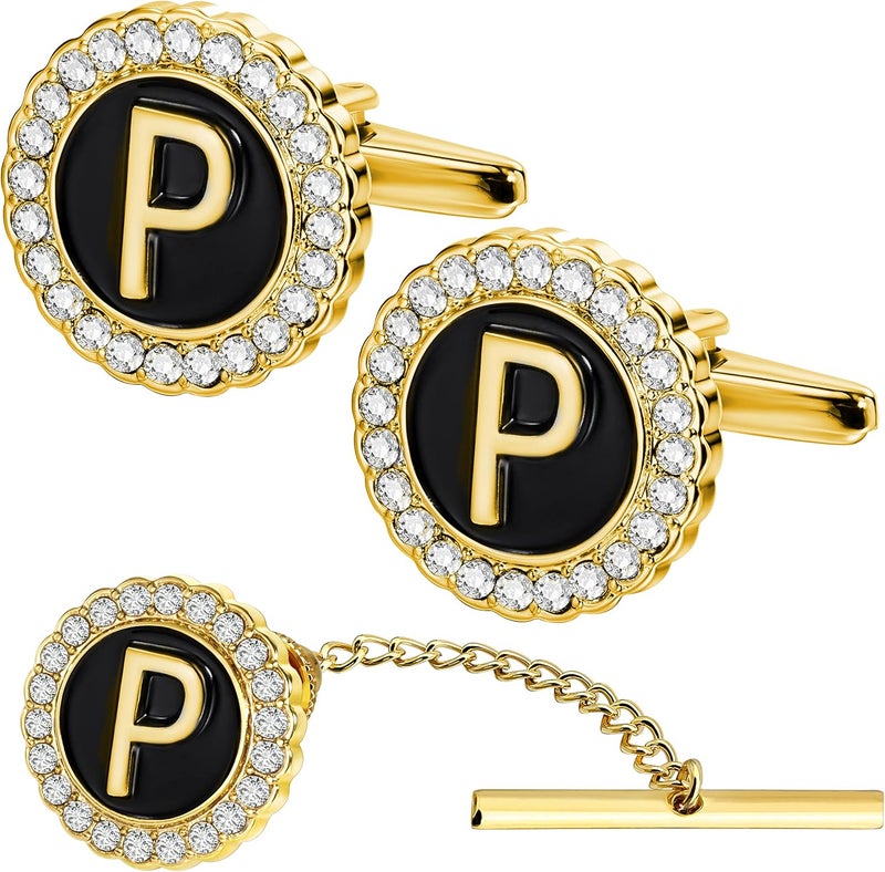 هاوسن Gold Cufflinks and Tie Tack for Men, Gold Cufflinks Crystal with Lapel Pins for Men's Women Set, Tie Tack with Chain on Tie Wedding Business Accessories - Image 1