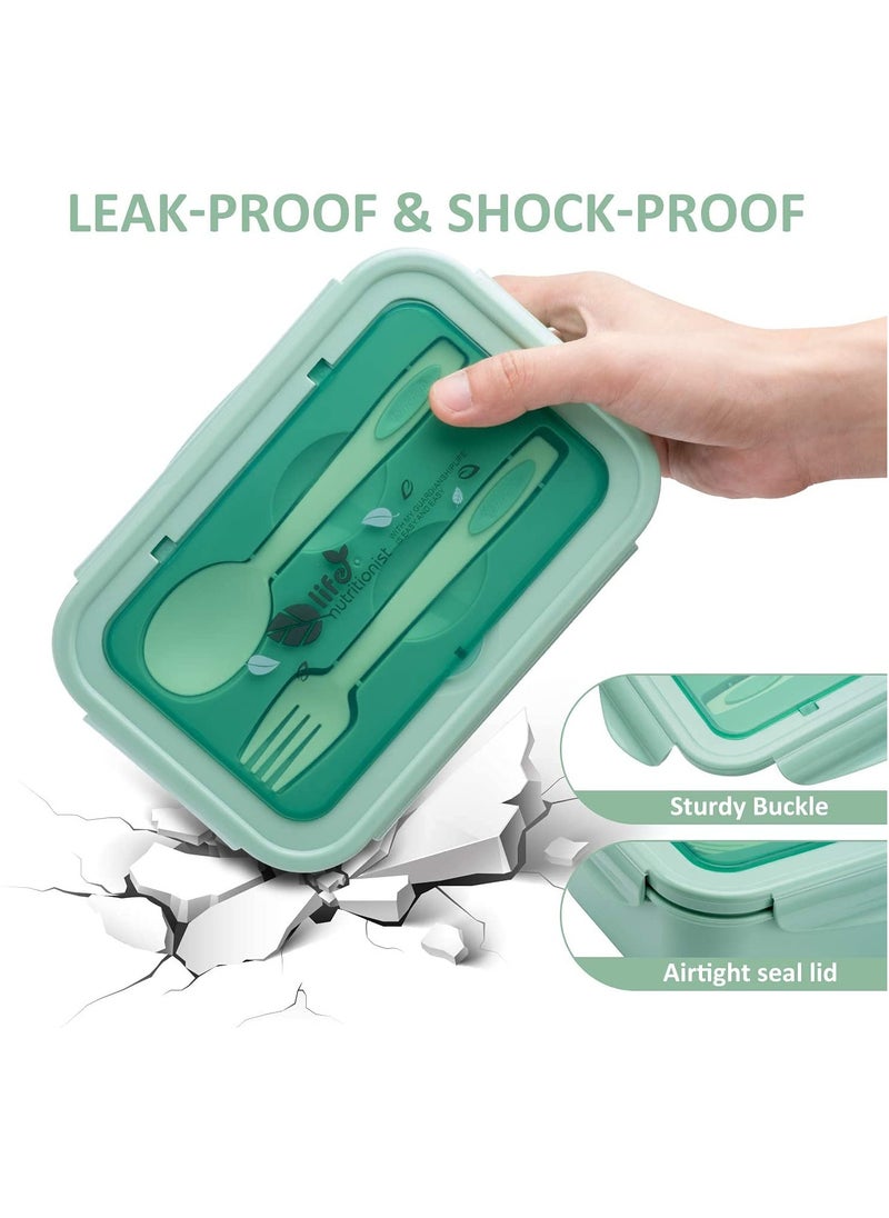 YumLock - YumLock Bento Box, 1.4L Leakproof 3-Compartment Lunch Box for Kids and Adults with Spoon and Fork, Green - Image 1