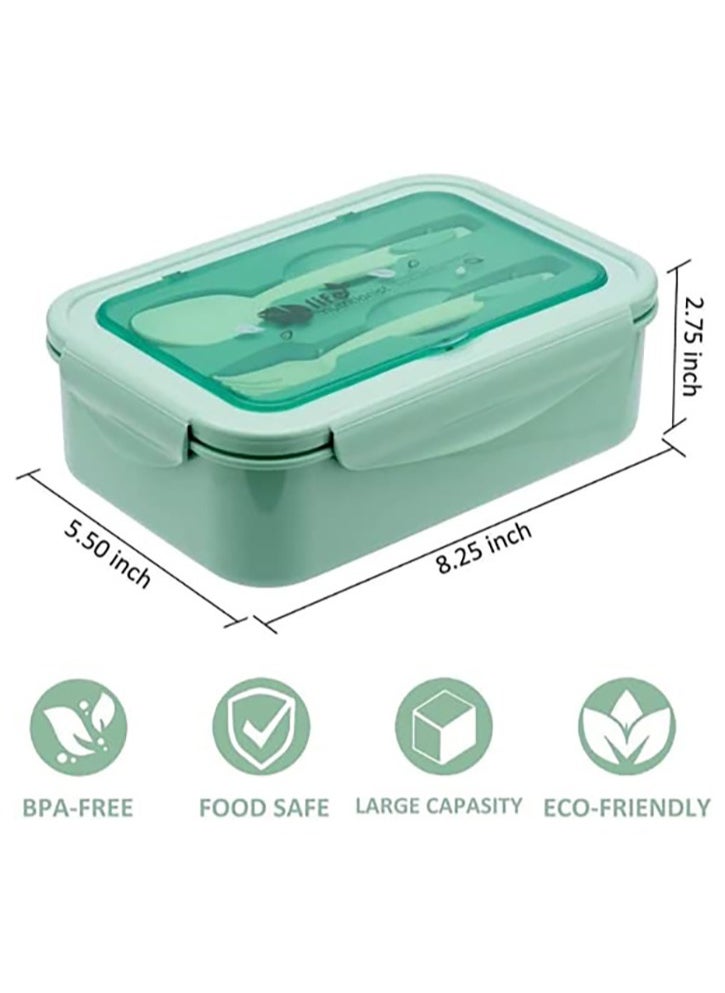 YumLock - YumLock Bento Box, 1.4L Leakproof 3-Compartment Lunch Box for Kids and Adults with Spoon and Fork, Green - Image 1