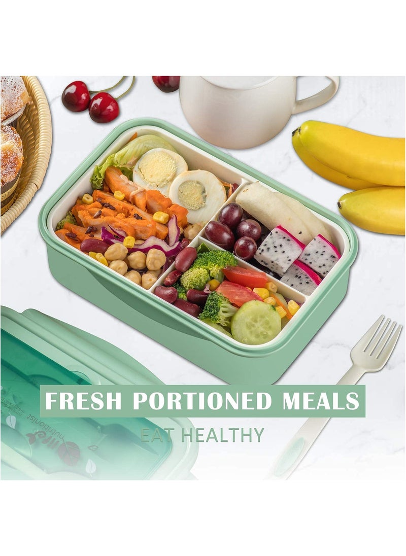 YumLock - YumLock Bento Box, 1.4L Leakproof 3-Compartment Lunch Box for Kids and Adults with Spoon and Fork, Green - Image 1