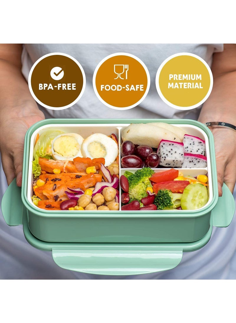 YumLock - YumLock Bento Box, 1.4L Leakproof 3-Compartment Lunch Box for Kids and Adults with Spoon and Fork, Green - Image 1