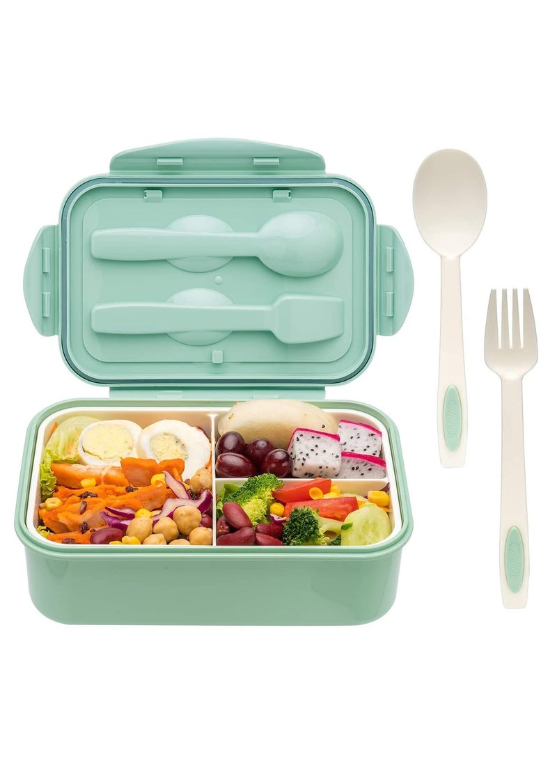 YumLock - YumLock Bento Box, 1.4L Leakproof 3-Compartment Lunch Box for Kids and Adults with Spoon and Fork, Green - Image 1