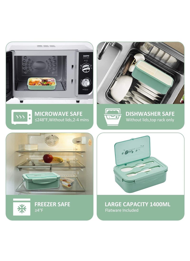 YumLock - YumLock Bento Box, 1.4L Leakproof 3-Compartment Lunch Box for Kids and Adults with Spoon and Fork, Green - Image 1