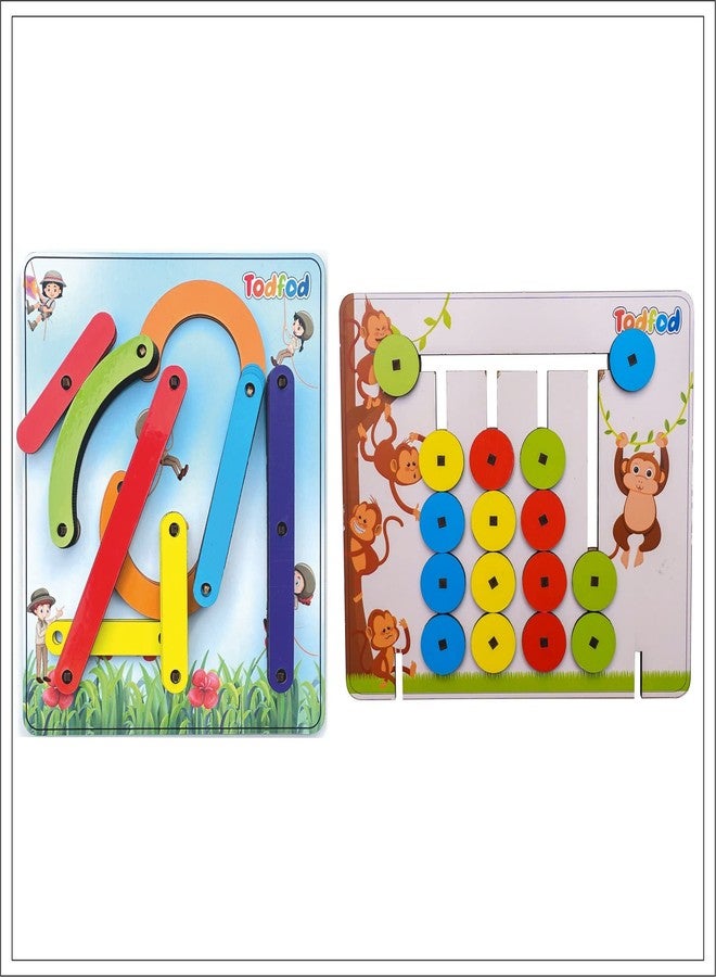 TodFod Combo (2pcs) Wooden Montessori Slide Puzzle & Alphanumeric Toy for Kids & Children, Colour and Shape Brain Game Early Development and Learning Activity Toys for Hand Eye Coordination