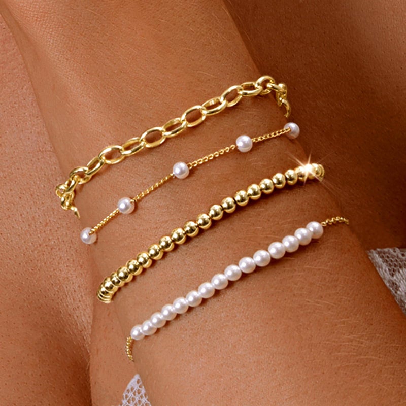 Zeffy Pearl Bracelets for Women, Gold Pearl Beaded Stackable Bracelets Charm Dainty Pearl Bracelet Stack Paperclip Link Chain Layered Bracelet Trendy Gold Bridesmaid Jewelry Set for Women - Image 2