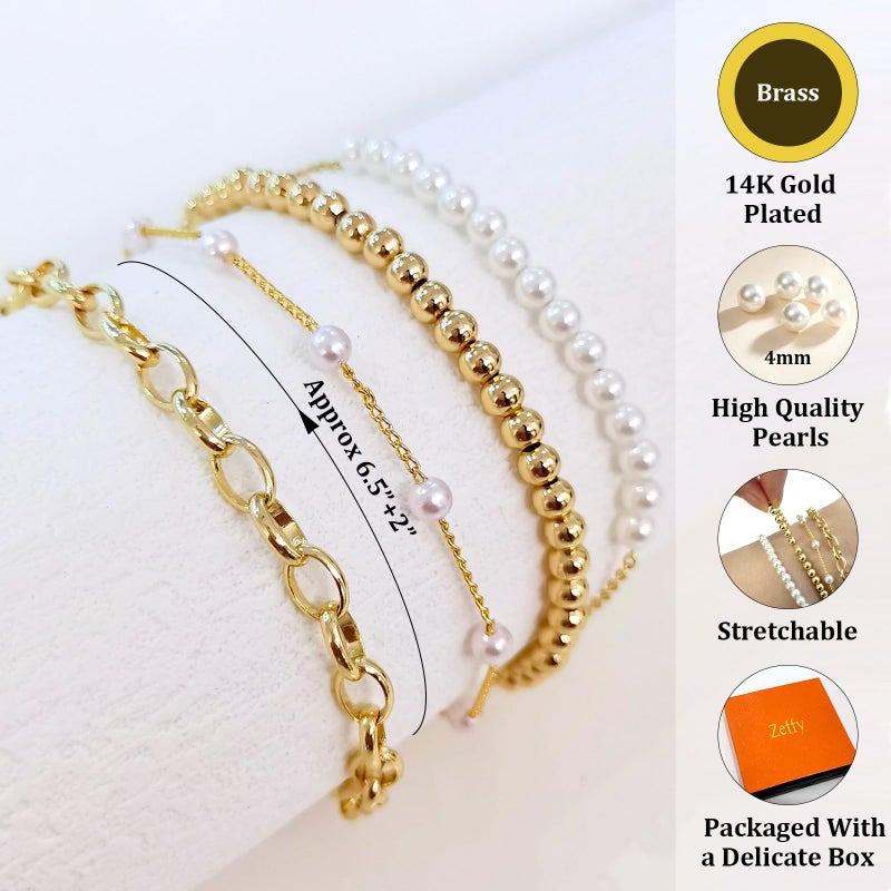 Zeffy Pearl Bracelets for Women, Gold Pearl Beaded Stackable Bracelets Charm Dainty Pearl Bracelet Stack Paperclip Link Chain Layered Bracelet Trendy Gold Bridesmaid Jewelry Set for Women - Image 5