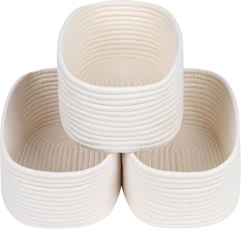 CubesLand Rope Woven Storage Baskets, Small Baby Nursery Organizer Basket, Rectangular Organization/Storage Bins, Closet Shelves Baskets, Empty Gift Basket, Empty Gift Basket 3 Packs, Off White - Image 1