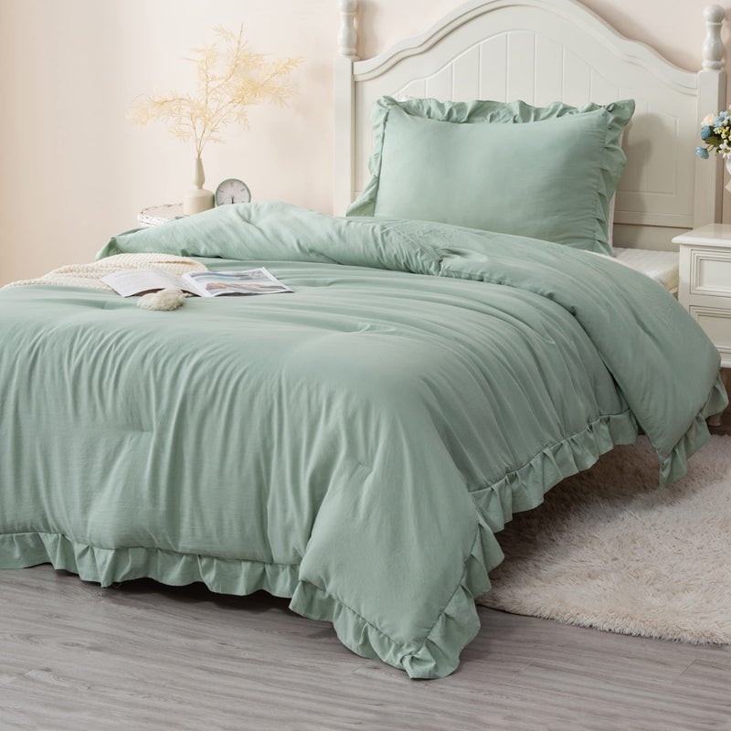 Andency Andency Sage Green Twin Comforter Set 2 Pieces Kids Ruffle Comforter Set Twin66x90Inch Farmhouse Shabby Chic Comforter Set Soft Microfiber Kids Bedding Set 