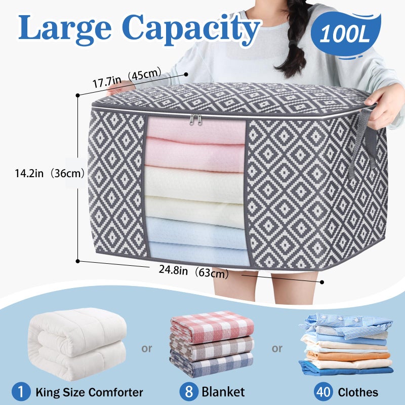 StorageTastic Direct 100L, 3 Pack, Storage Containers, Large Clothes Storage Bins Foldable Organization and Storage Bags with Reinforced Handle, Clear Window for Bedding, Blankets, Clothing, Grey - Image 2