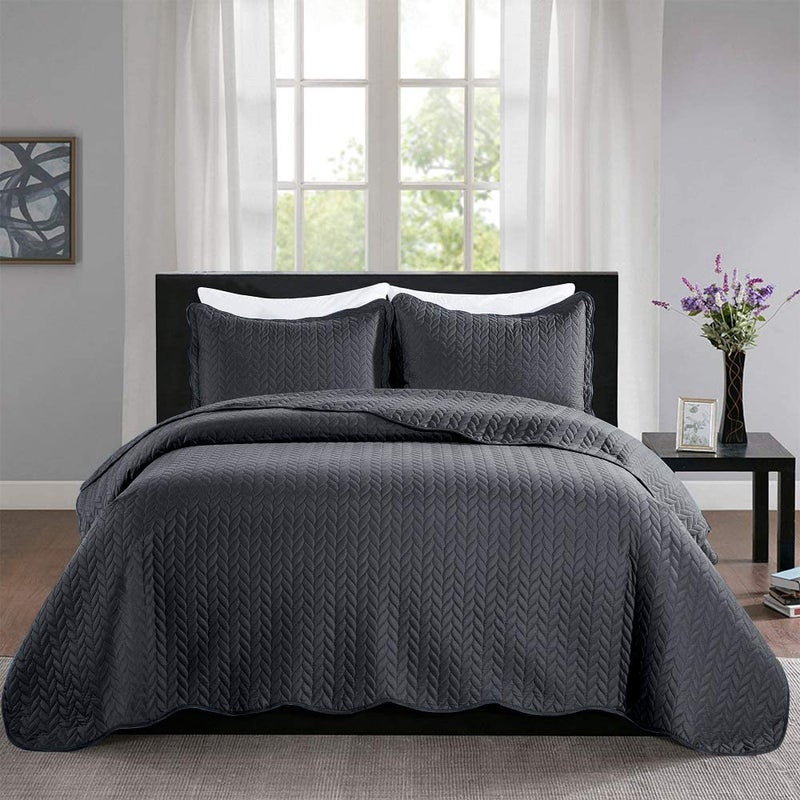MOONLIGHT20015 Quilt King Size 106 x 96 with 2 Pillow Shams 20 x 362 for Summer  3 Pcs Lightweight Bedding Set Reversible Coverlet Embossed Quilted Bedspread Charcoal