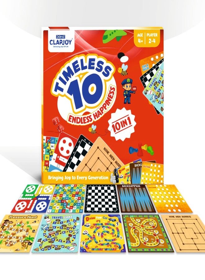 Clapjoy مجموعة ألعاب كلابجوي تايم ليس المكونة من 10 قطع | 10 ألعاب كلاسيكية داخلية للأطفال والكبار | لودو، السلم والثعبان، الشطرنج، قيادة السيارات، لعبة السفر والمزيد | لعبة عائلية وحفلات ممتعة (للأعمار من 4 سنوات فما فوق) - Image 2