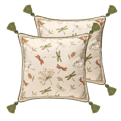 ISAENNE Design Square Vintage Cottage Throw Pillow Covers 18x18 Set of 2 Green Velvet Cushion Cover with Dragonflies and Flowers Pattern Decor Pillowcases for BedLiving RoomOutdoorCar - Image 1